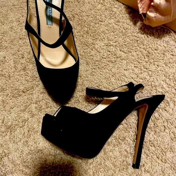 Prada Shoes - 7.5 suede black Prada platform sandals great condition. Mary Janes sling backs